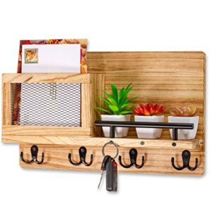 wallkeep mail and key holder for wall with decorative key hooks - wall mount in entryway, mudroom or office. solid wood mail organizer floating shelf key rack, leash holder and key hanger for wall.