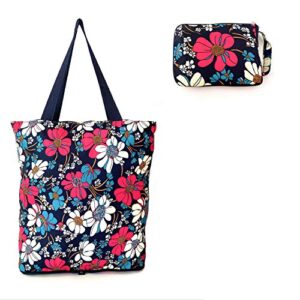 konish reusable foldable grocery bags folding shopping tote with zipper(blue floral)