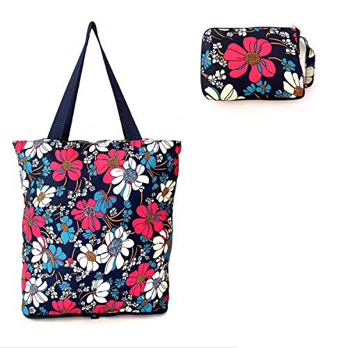 Konish Reusable Foldable Grocery Bags Folding Shopping Tote with Zipper(Blue Floral)