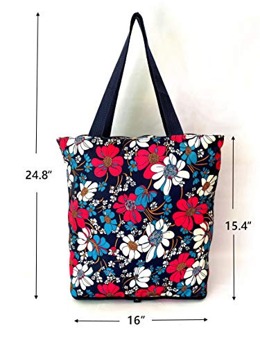 Konish Reusable Foldable Grocery Bags Folding Shopping Tote with Zipper(Blue Floral)