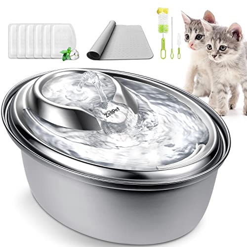 ZeePet Cat Water Fountain Stainless Steel D60,100oz/3L Pet Water Fountain for Cats Inside,Dog Fountain Water Bowl for Small, Medium Dogs and Cats (with mat, 6pcs Filters, Brushes)