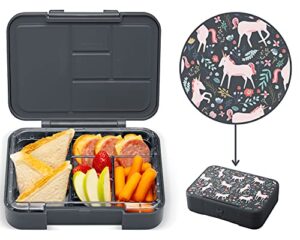 simple modern bento lunch box for kids | bpa-free leakproof container for girls, boys, toddlers with 5 compartments | porter collection | 30oz, unicorn fields