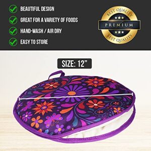 Sophix Tortilla Warmer Pouch - 12-Inch Large Size - This Thermal Insulated Fabric Holder Keeps Tortillas, Naan Bread, and Pizza Rolls Warm for up to One Hour | Two-Sided (Flower Design)