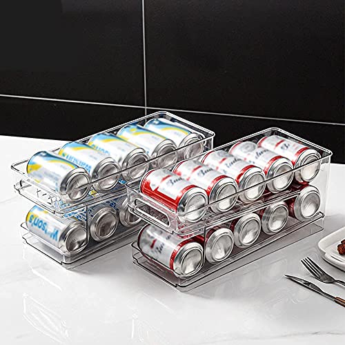 DAOGUAN Soda Can Organizer PET Double-Layer Automatic Roll-Off Refrigerator Organizer Bins with Handle for Fridge Freezer Cabinets Countertop, Clear, 13.6inch*5.31inch*6.02inch (VXORWB44GG2R04MP12A)