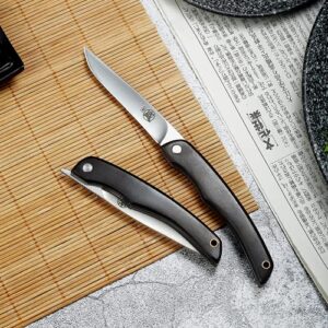 mitsumoto sakari 3.5'' japanese hand forged paring knife, professional small kitchen fruit knife, aus-8 stainless steel folding pocket steak knife