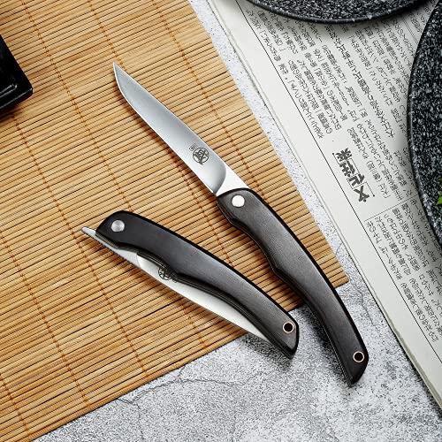 MITSUMOTO SAKARI 3.5'' Japanese Hand Forged Paring Knife, Professional Small Kitchen Fruit Knife, AUS-8 Stainless Steel Folding Pocket Steak Knife