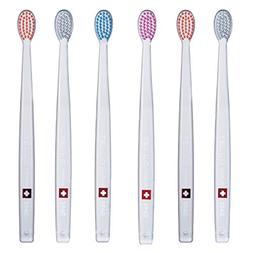 TELLO 3940 Adult Medium Swiss Toothbrush for Gentle Cleaning with Ergonomic Handle, 6 Count