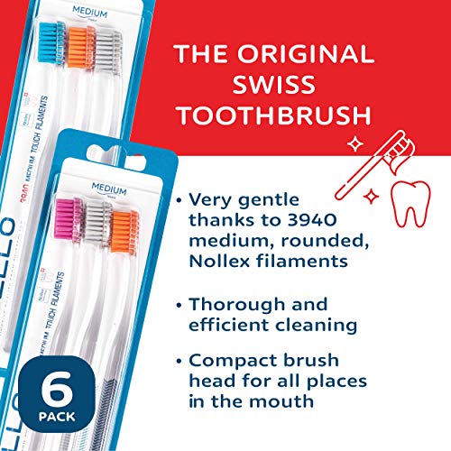 TELLO 3940 Adult Medium Swiss Toothbrush for Gentle Cleaning with Ergonomic Handle, 6 Count