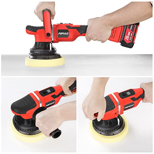 POPULO Brushless Buffer Polisher, 6-inch Cordless Polisher DA Random Orbital Car Waxer with Variable with Digital Display, 7 Speed Changes 2000-4800 RPM, 4.0Ah Lithium Battery 4 Foam Pads…