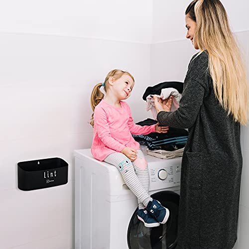 HowLuxe Magnetic Lint Bin for Laundry Room - Minimalist Plastic Dryer Lint Bin Organizer with Strong Magnet Backing - Hole Hanger Wall Mount Dryer Ball or Dryer Sheets Container, Black, Small