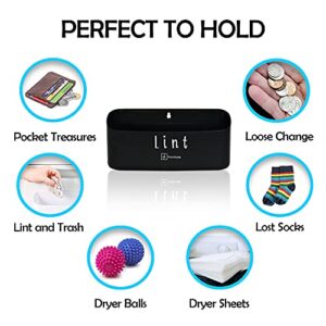 HowLuxe Magnetic Lint Bin for Laundry Room - Minimalist Plastic Dryer Lint Bin Organizer with Strong Magnet Backing - Hole Hanger Wall Mount Dryer Ball or Dryer Sheets Container, Black, Small