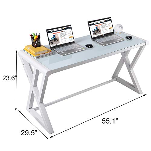 SAMERY Computer Desk, 55.1 Inch Modern Simple Office Desk Computer Table Study Gaming Writing Desk for Home Office, Glass Top/Metal Frame, Black