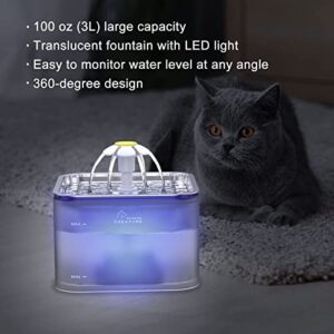 Crystal Cat Water Fountain Stainless Steel, 100oz/3L Pet Fountain with LED Light for Cats and Dogs (Grey)