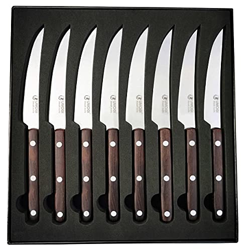 UMOGI Premium Steak Knives Set of 8 in Gift Box - Full Tang Wenge Wood Handle - HC German Stainless Steel, Straight Edge Non Serrated 4.5''Dinner Knife, Kitchen Tableware Knives Cutlery Set