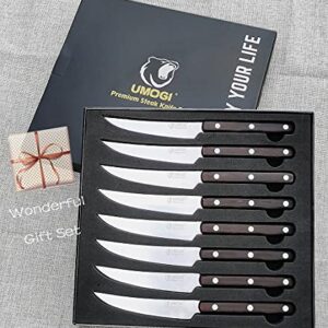 UMOGI Premium Steak Knives Set of 8 in Gift Box - Full Tang Wenge Wood Handle - HC German Stainless Steel, Straight Edge Non Serrated 4.5''Dinner Knife, Kitchen Tableware Knives Cutlery Set