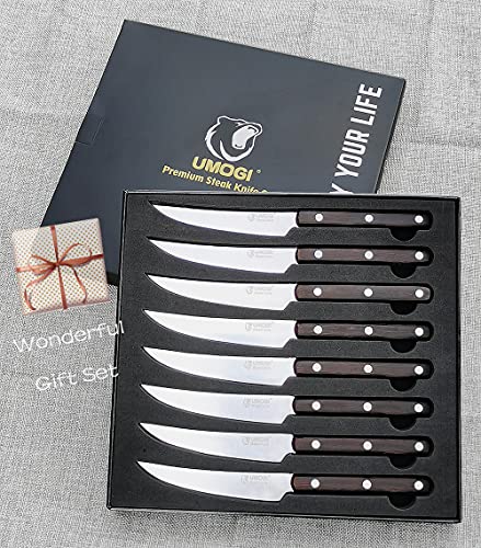 UMOGI Premium Steak Knives Set of 8 in Gift Box - Full Tang Wenge Wood Handle - HC German Stainless Steel, Straight Edge Non Serrated 4.5''Dinner Knife, Kitchen Tableware Knives Cutlery Set