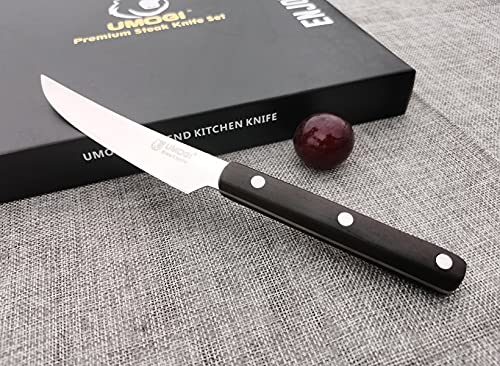 UMOGI Premium Steak Knives Set of 8 in Gift Box - Full Tang Wenge Wood Handle - HC German Stainless Steel, Straight Edge Non Serrated 4.5''Dinner Knife, Kitchen Tableware Knives Cutlery Set