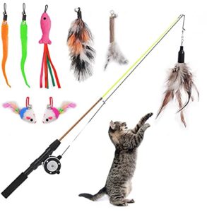whefory retractable cat teaser wand toy, cat toys for indoor outdoor cats interactive fishing rod with 8 pcs refills feather toy, plush mouse caterpillar & fish