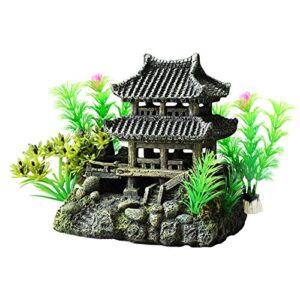 classical temple aquarium decorations asian castle thematic safe resin ornaments with plastic plants small fish house hideout decor hiding places for freshwater and saltwater fish tank accessories