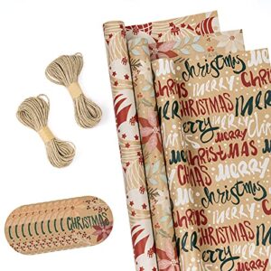 ruspepa christmas wrapping paper rolls with tags and jute string - 17 inches x 10 feet per roll, total of 3 rolls