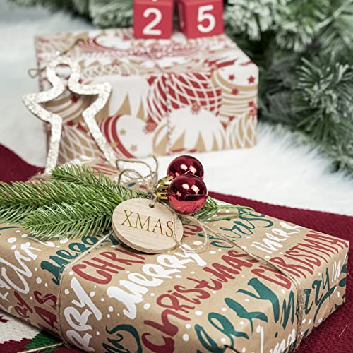 RUSPEPA Christmas Wrapping Paper Rolls with Tags and Jute String - 17 inches x 10 feet per Roll, Total of 3 Rolls