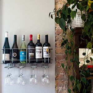 c2M Wall Mounted Wine Bottle & Glass Rack | Floating Wine Storage Shelf for 6 Bottles, 8 Glasses, & Opener | Timeless Compact Steel Design | Heavy Duty & Made in The USA - Silver