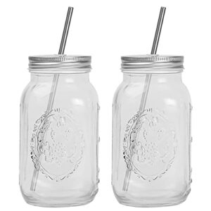 Smoothie Cups, Glass Mason Drinking Jar, 24oz Smoothie Cups with Lid and Stainless Steel Straw, Regular Mouth Mason Jars, Drinking Mugs, Tea Cup Travel Mug, Ideal for Juice, Milk (Pack Of 2, Clear)