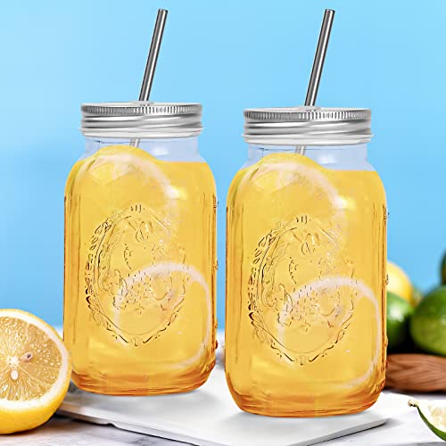 Smoothie Cups, Glass Mason Drinking Jar, 24oz Smoothie Cups with Lid and Stainless Steel Straw, Regular Mouth Mason Jars, Drinking Mugs, Tea Cup Travel Mug, Ideal for Juice, Milk (Pack Of 2, Clear)