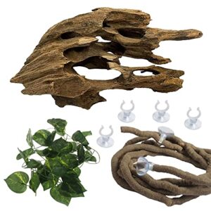 pinvnby reptile plants, reptile vines and flexible reptile leaves large driftwood tank habitat decor for bearded dragons snakes geckos frogs chameleon(3 pcs)