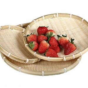 TimesFriend 100% Natural Handmade Woven Bamboo Basket Tray U Shape Holder Bulk Food Flat Shallow Basket Size 8inch 10inch 12inch 14inch 16inch Bulk for Customizing (Round, Set of 3)