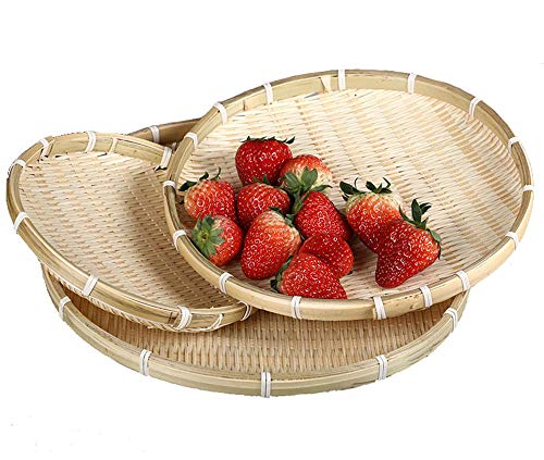 TimesFriend 100% Natural Handmade Woven Bamboo Basket Tray U Shape Holder Bulk Food Flat Shallow Basket Size 8inch 10inch 12inch 14inch 16inch Bulk for Customizing (Round, Set of 3)