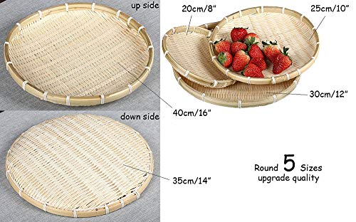 TimesFriend 100% Natural Handmade Woven Bamboo Basket Tray U Shape Holder Bulk Food Flat Shallow Basket Size 8inch 10inch 12inch 14inch 16inch Bulk for Customizing (Round, Set of 3)