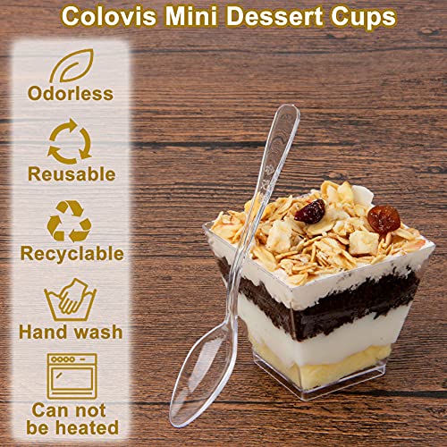 Colovis Mini Dessert Cups, 100 CT 2oz Clear Plastic Parfait Appetizer Cups with Spoons Mini Square Dessert Bowls for Serving, Tasting (100)