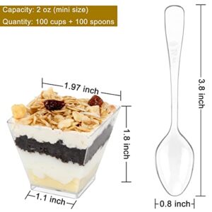 Colovis Mini Dessert Cups, 100 CT 2oz Clear Plastic Parfait Appetizer Cups with Spoons Mini Square Dessert Bowls for Serving, Tasting (100)