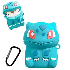 airpods 2/1 case,cute 3d cartoon kawaii funny fun airpods 1/2 case,soft silicone shockproof keychain charging box.for boys and girls,compatible airpods skin cases(bulbasaur)