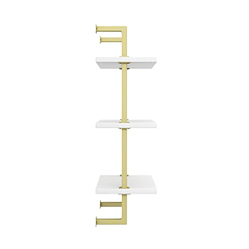 Nathan James Theo 3-Shelf Small Bookcase, Floating Wall Mount Bookshelf with Wood and Industrial Pipe/Metal Frame, White/Brass Gold