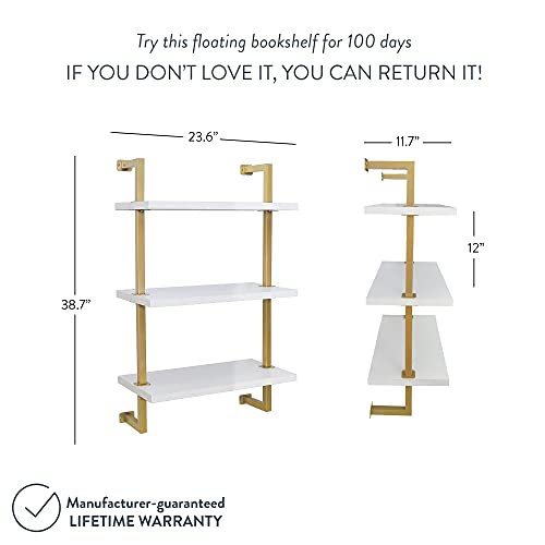 Nathan James Theo 3-Shelf Small Bookcase, Floating Wall Mount Bookshelf with Wood and Industrial Pipe/Metal Frame, White/Brass Gold