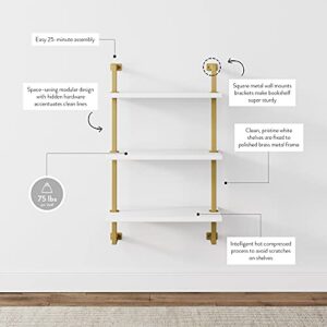 Nathan James Theo 3-Shelf Small Bookcase, Floating Wall Mount Bookshelf with Wood and Industrial Pipe/Metal Frame, White/Brass Gold