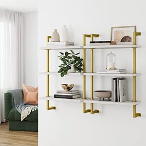 Nathan James Theo 3-Shelf Small Bookcase, Floating Wall Mount Bookshelf with Wood and Industrial Pipe/Metal Frame, White/Brass Gold