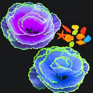 livfodrm glowing fish tank decorations glow aquarium decor coral ornaments, 2pcs silicone flower plants and 10pcs colourful sea shells/luminous stone glow in the dark for aquarium decoration