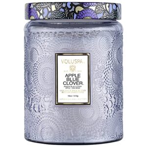 voluspa apple blue clover candle | large glass jar | 18 oz | 100 hour burn time | all natural wicks and coconut wax for clean burning | vegan