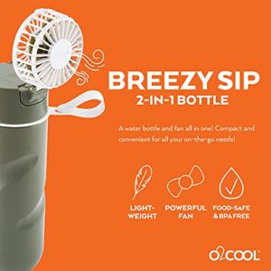 O2COOL Breezy Sip Water Bottle With Removeable Handheld Battery Powered Fan (Olive)