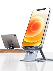 lisen travel essentials accessories foldable cell phone stand, [sturdy aluminum metal] adjustable cell phone holder [ultra thin] portable stand for desk compatible with all smartphones, tablets