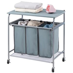 hollyhome laundry sorter cart with side pull 3-bag ironing board heavy-duty 4 wheels laundry hamper blue grey