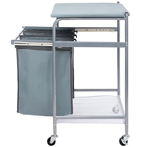 HollyHOME Laundry Sorter Cart with Side pull 3-Bag Ironing Board Heavy-Duty 4 Wheels Laundry Hamper Blue Grey