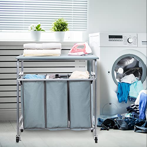 HollyHOME Laundry Sorter Cart with Side pull 3-Bag Ironing Board Heavy-Duty 4 Wheels Laundry Hamper Blue Grey