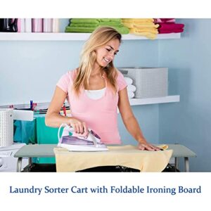 HollyHOME Laundry Sorter Cart with Side pull 3-Bag Ironing Board Heavy-Duty 4 Wheels Laundry Hamper Blue Grey
