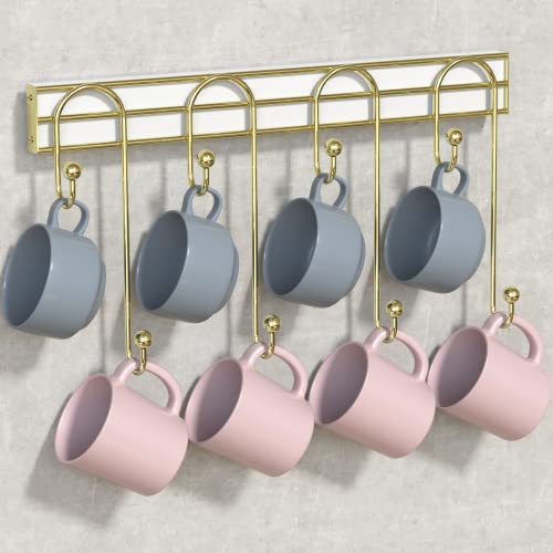 J JACKCUBE DESIGN Wall Mounted Coffee Mug Cup Holder Gold Metal Rack for Home, Kitchen Tea Cup Display Storage Organizer with 8 Hooks - MK738A