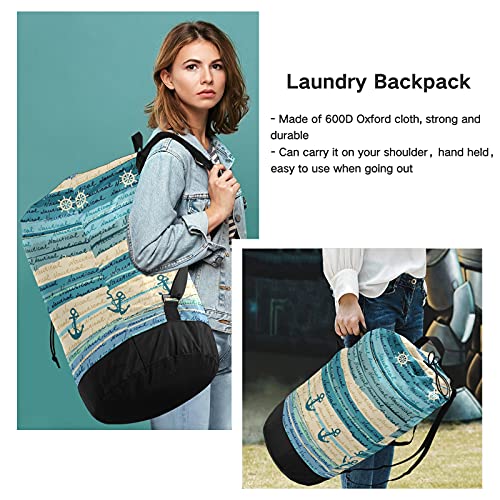 Nautical Laundry Bag Heavy Duty Laundry Backpack with Shoulder Straps And Handles Travel Laundry bag with Drawstring Closure Dirty Clothes Organizer For Garment Home Laundromat Dorm