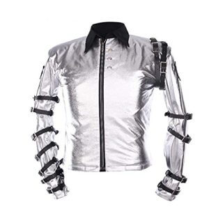 iii-fashions men's classic michael pop bad concert tour punk belts costume silver satin biker jacket, medium